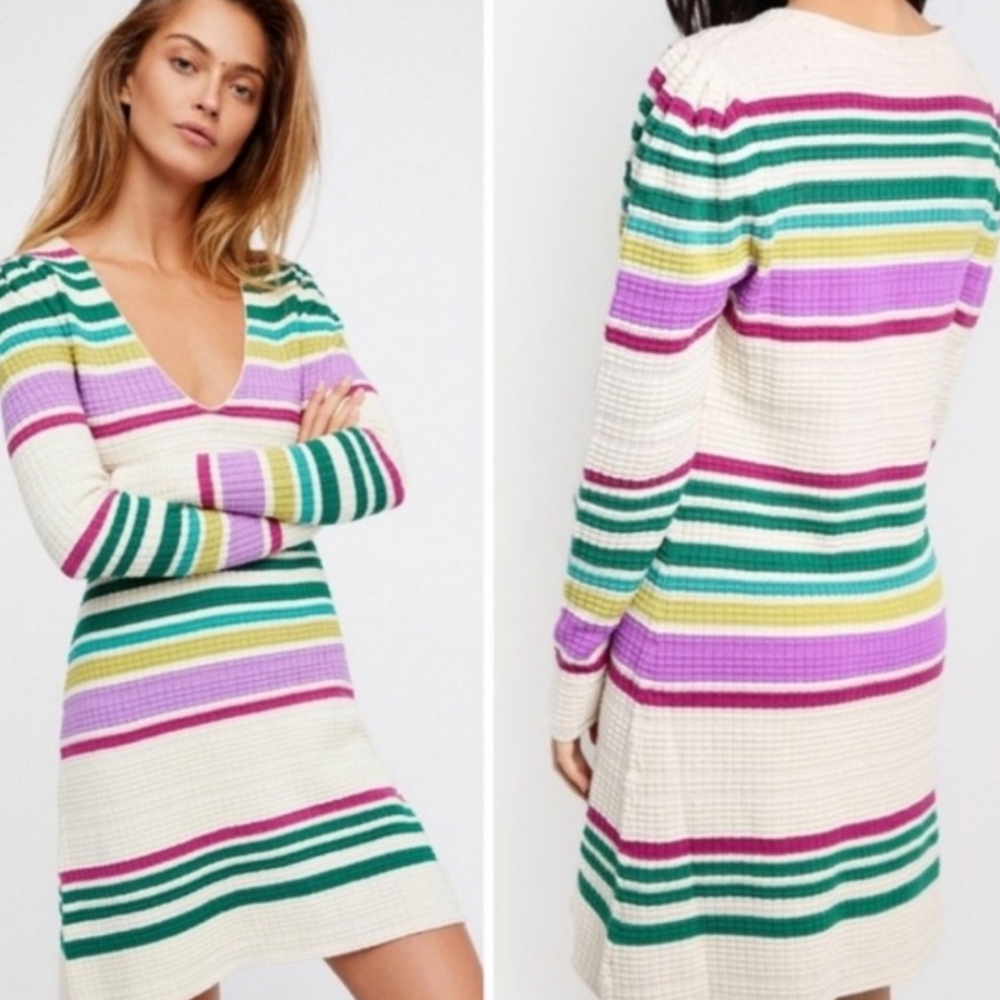 FREE PEOPLE Gidget Striped Knit Sweater Dr…